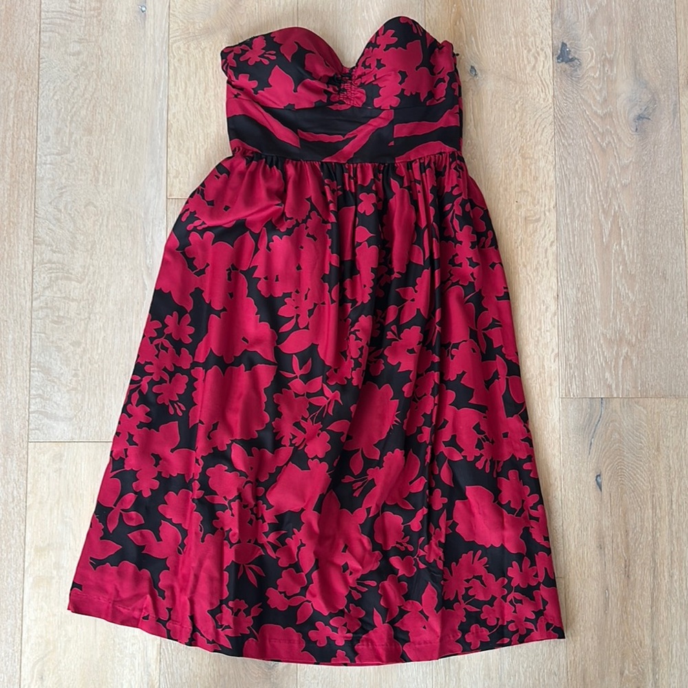 Tibi Strapless Red and Black Floral Dress